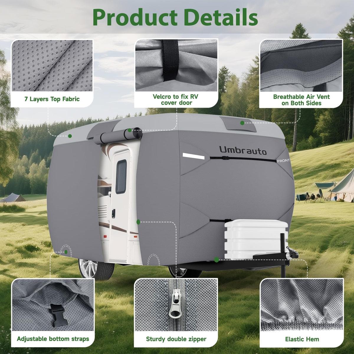 Umbrauto lifestyle shot of covered trailer in driveway, protecting vehicle outdoors