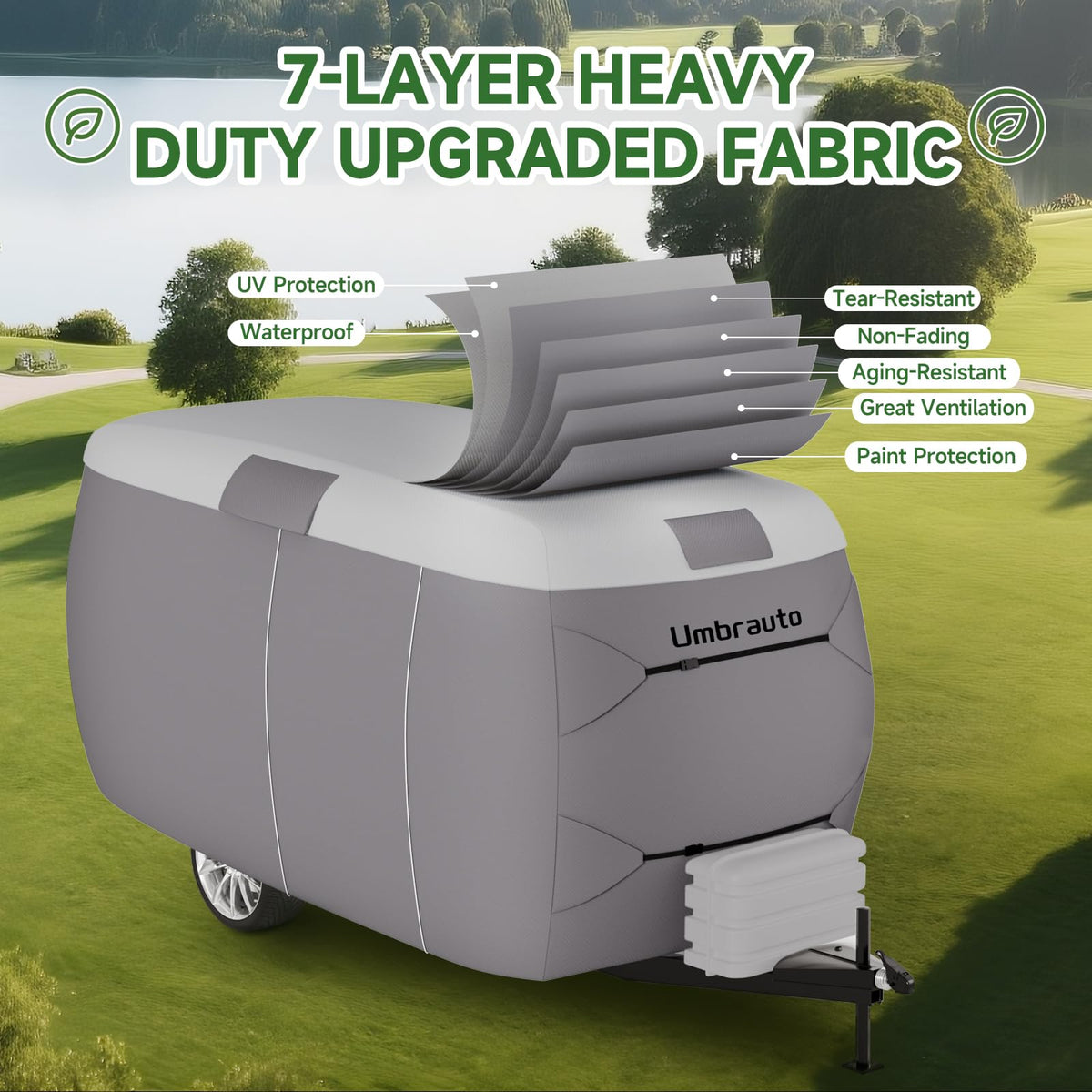 Umbrauto cover on trailer with person for scale, illustrating correct fit