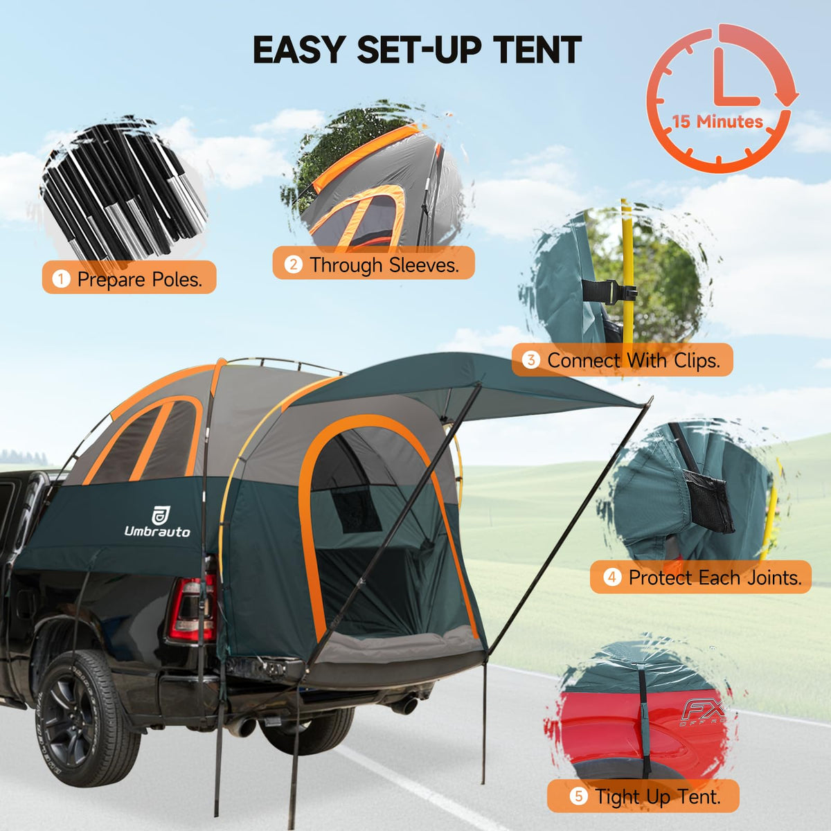 Umbrauto size comparison showing tent on a full-size short truck bed
