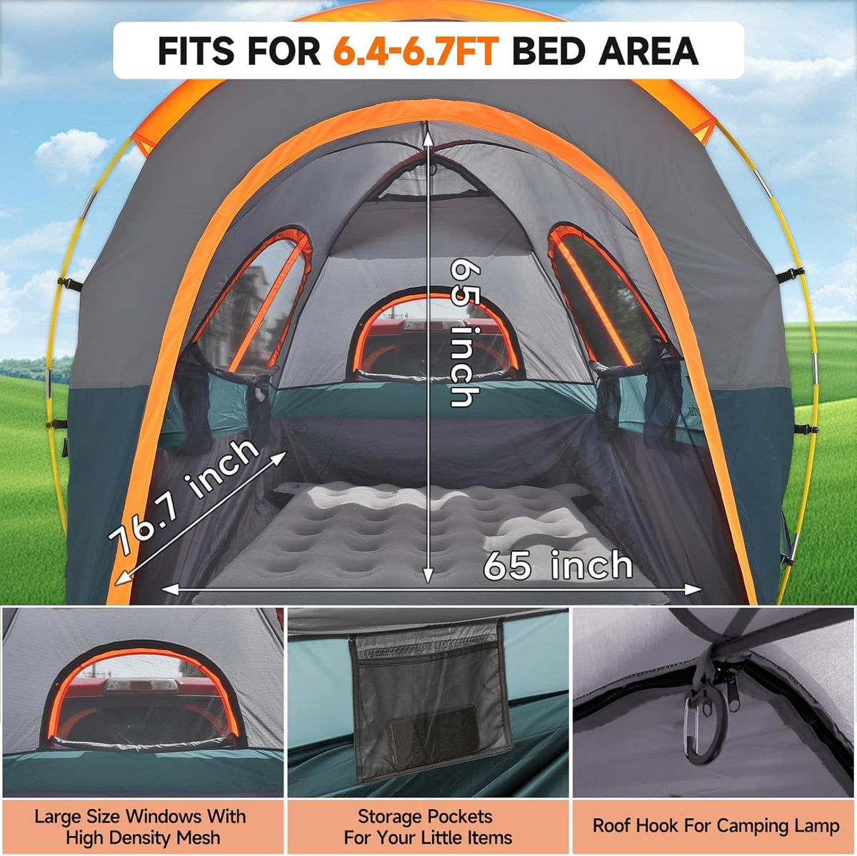 Umbrauto tent mounted on truck bed in use offering elevated shelter