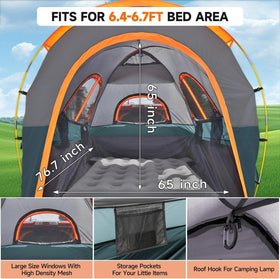 Umbrauto tent mounted on truck bed in use offering elevated shelter
