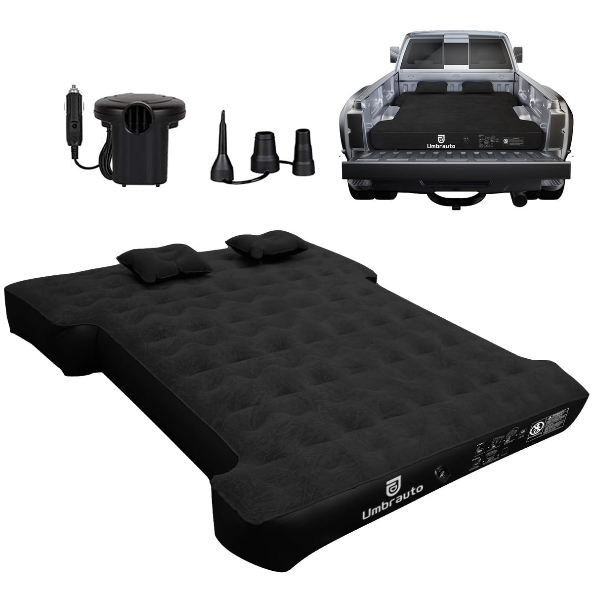 Umbrauto front view of full-size truck bed mattress showing fit and comfort
