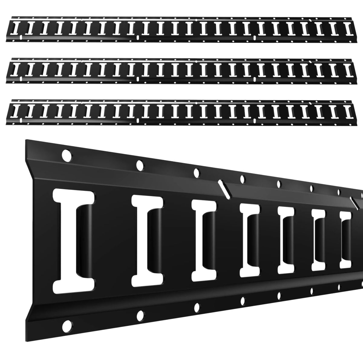 UMIRO front view of four black E-track rails showing kit and benefit of multiple anchors