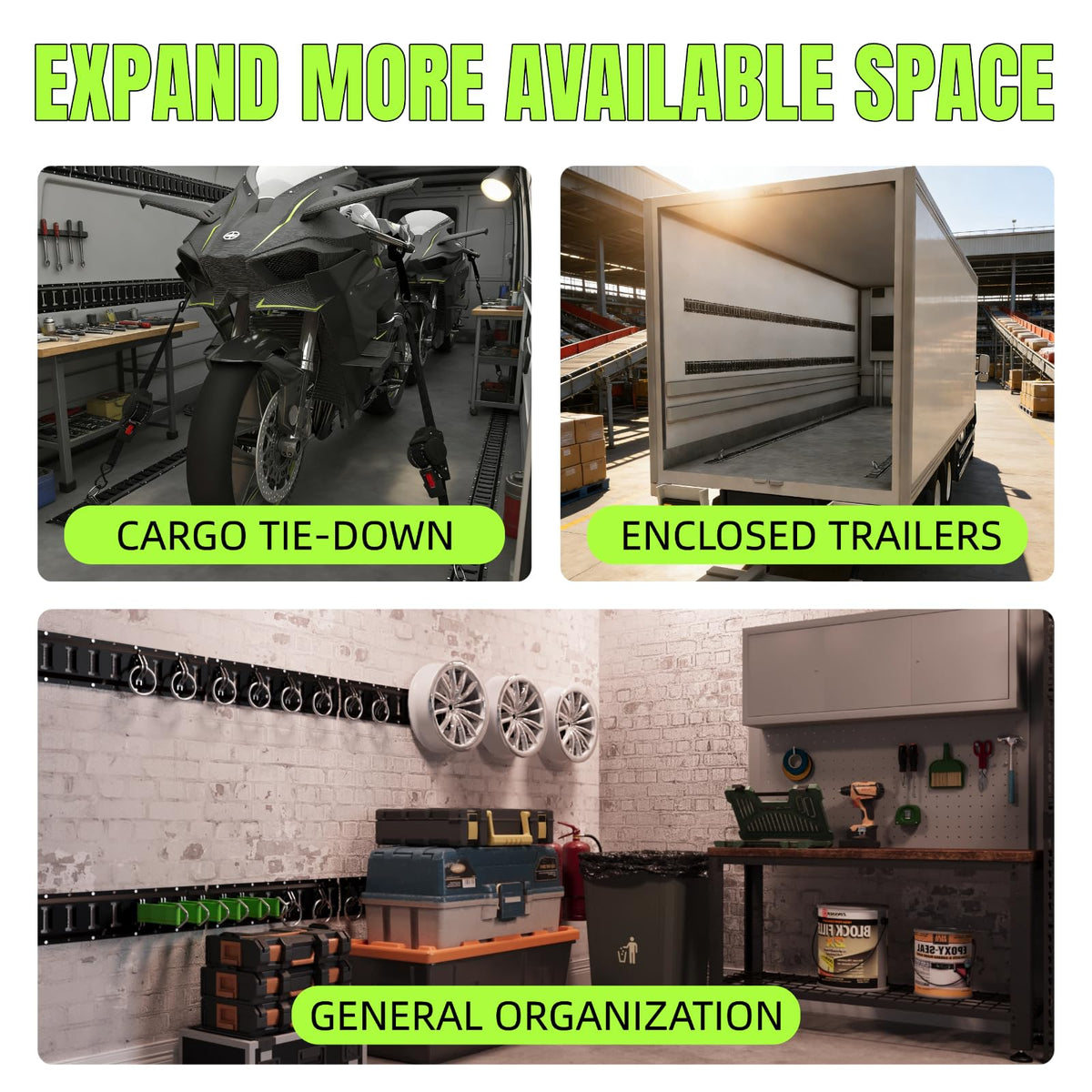 UMIRO rails installed in garage with gear demonstrating organized storage and accessibility