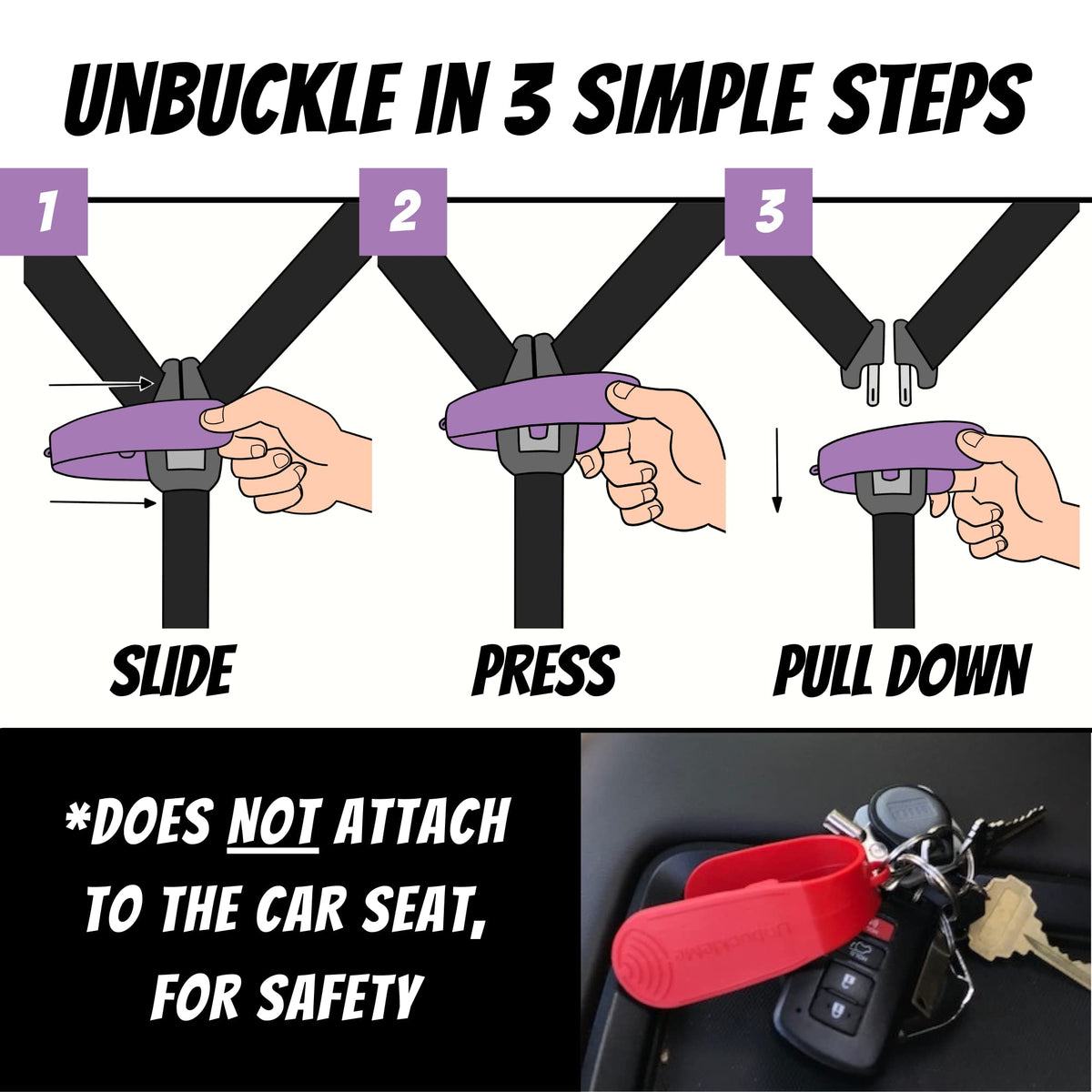 UnbuckleMe angled to display patented lever arm for reduced force