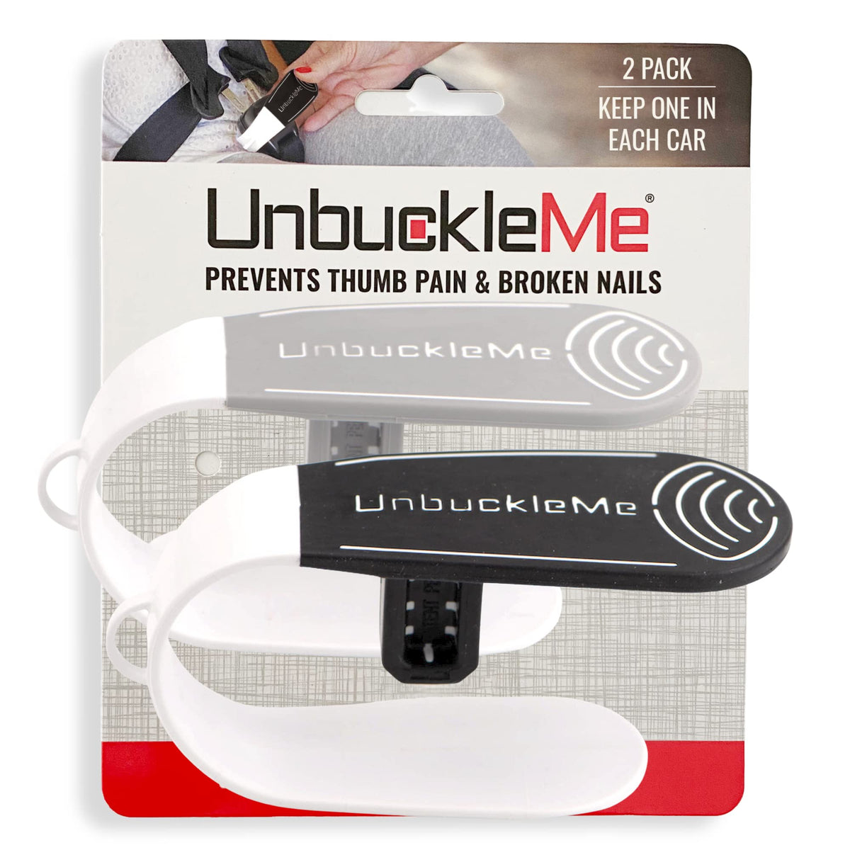 UnbuckleMe front pack showing two colors and clear labeling for convenience