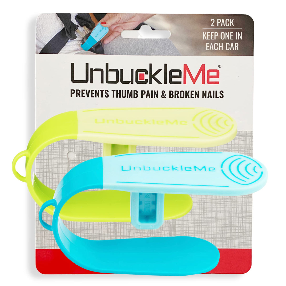 UnbuckleMe front packaging showing two-color pack and quick benefit