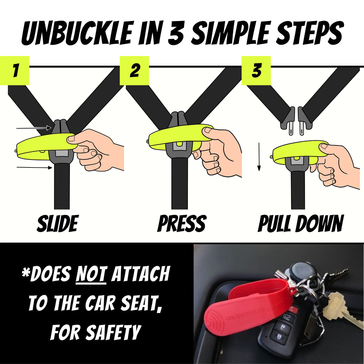 UnbuckleMe positioned on a car seat buckle enabling easier unfastening
