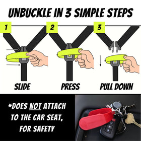 UnbuckleMe positioned on a car seat buckle enabling easier unfastening