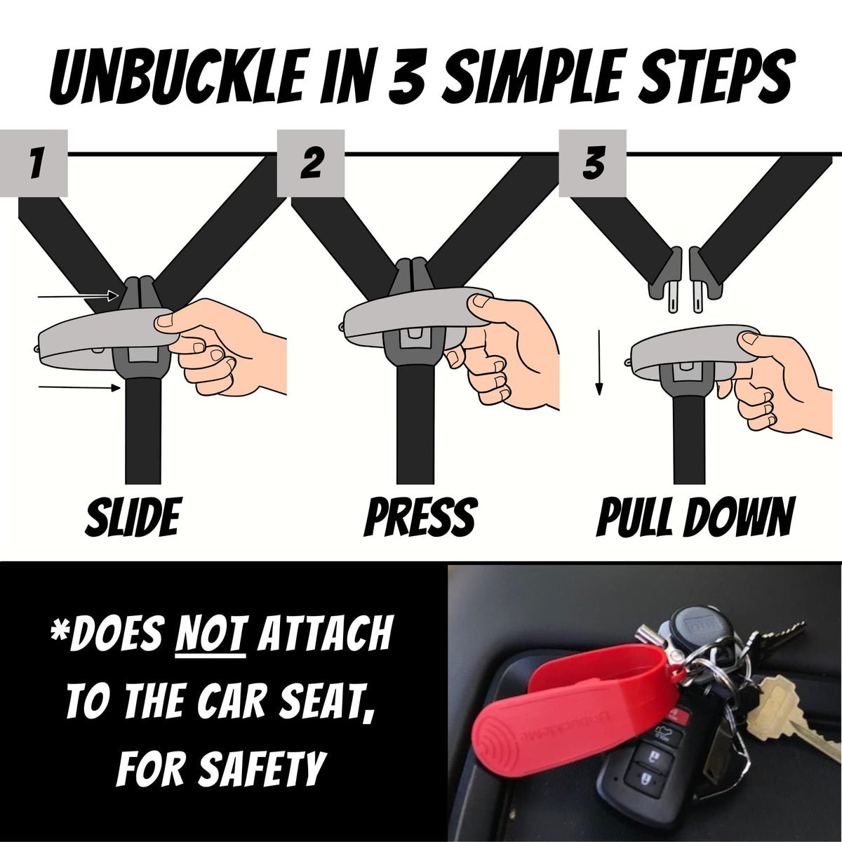 UnbuckleMe next to keys showing compact size and easy portability benefit