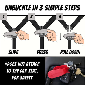 UnbuckleMe next to keys showing compact size and easy portability benefit