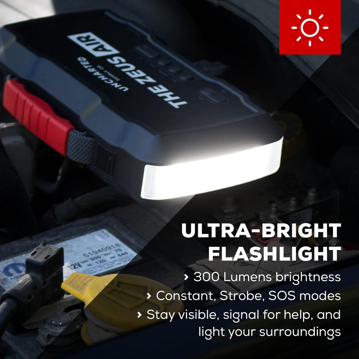 Uncharted Supply Co. Zeus Air 300-lumen LED flashlight in dark for emergency visibility