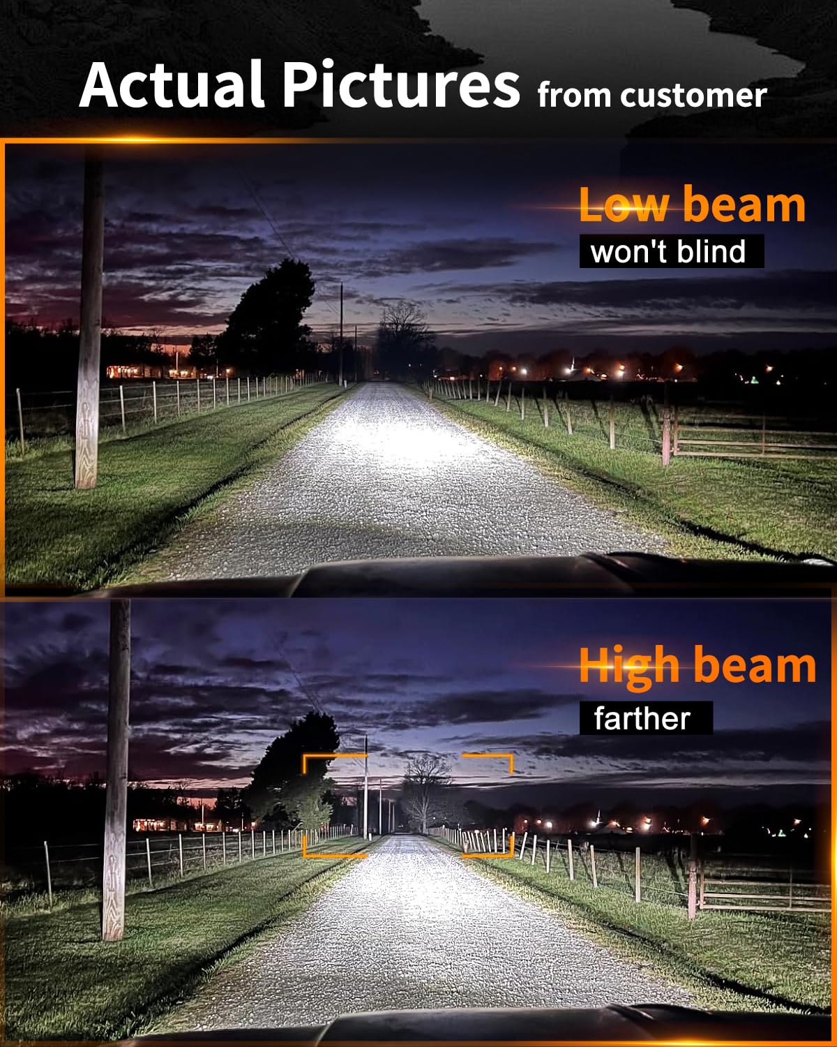 UNI-SHINE beam pattern demo at night showing brighter road visibility