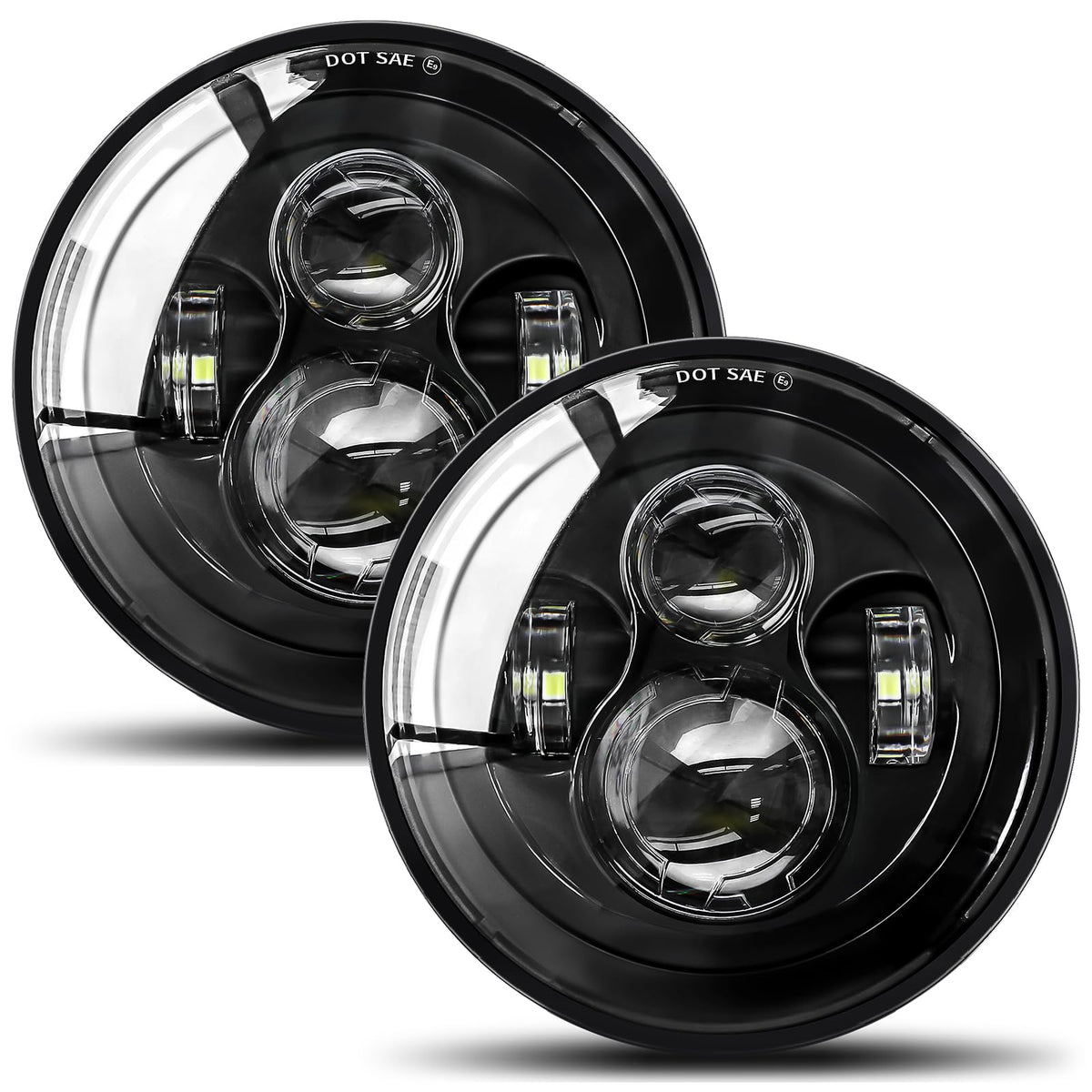 UNI-SHINE front face of 7 inch headlight showing clear projector and improved visibility