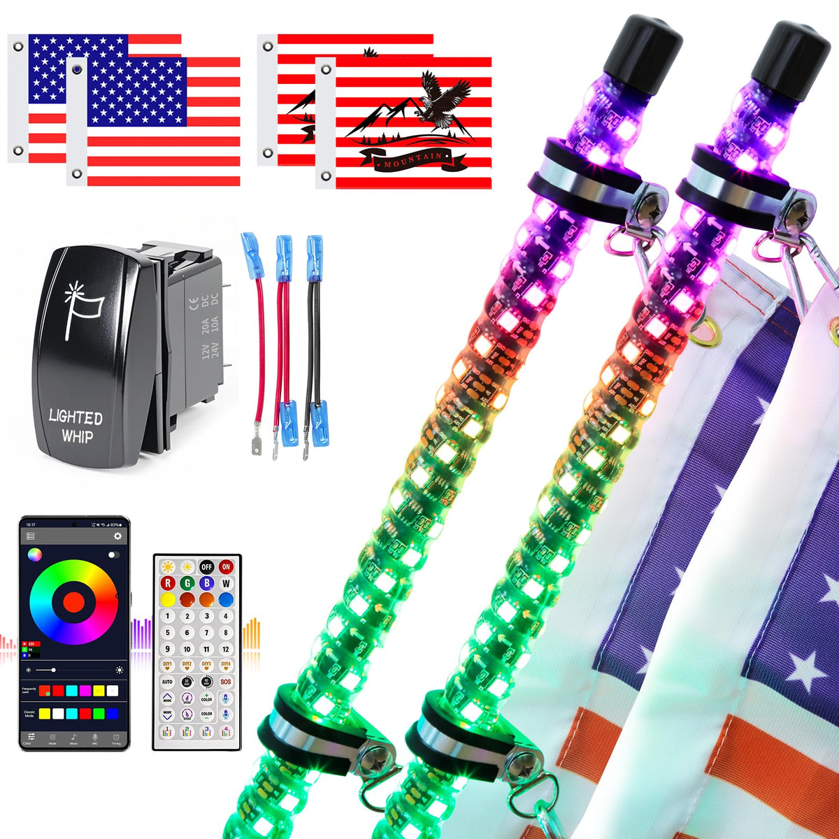 UNI-SHINE front packaging showing both 4ft LED whips and accessories for quick setup