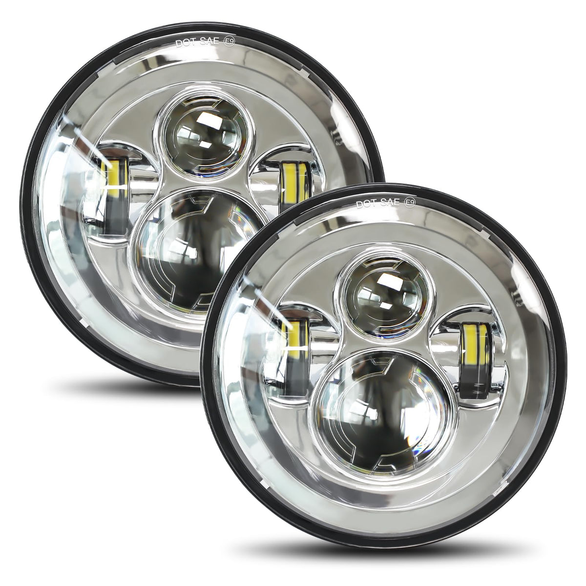 UNI-SHINE front view of both 7-inch headlights showing chrome housing and optics benefit