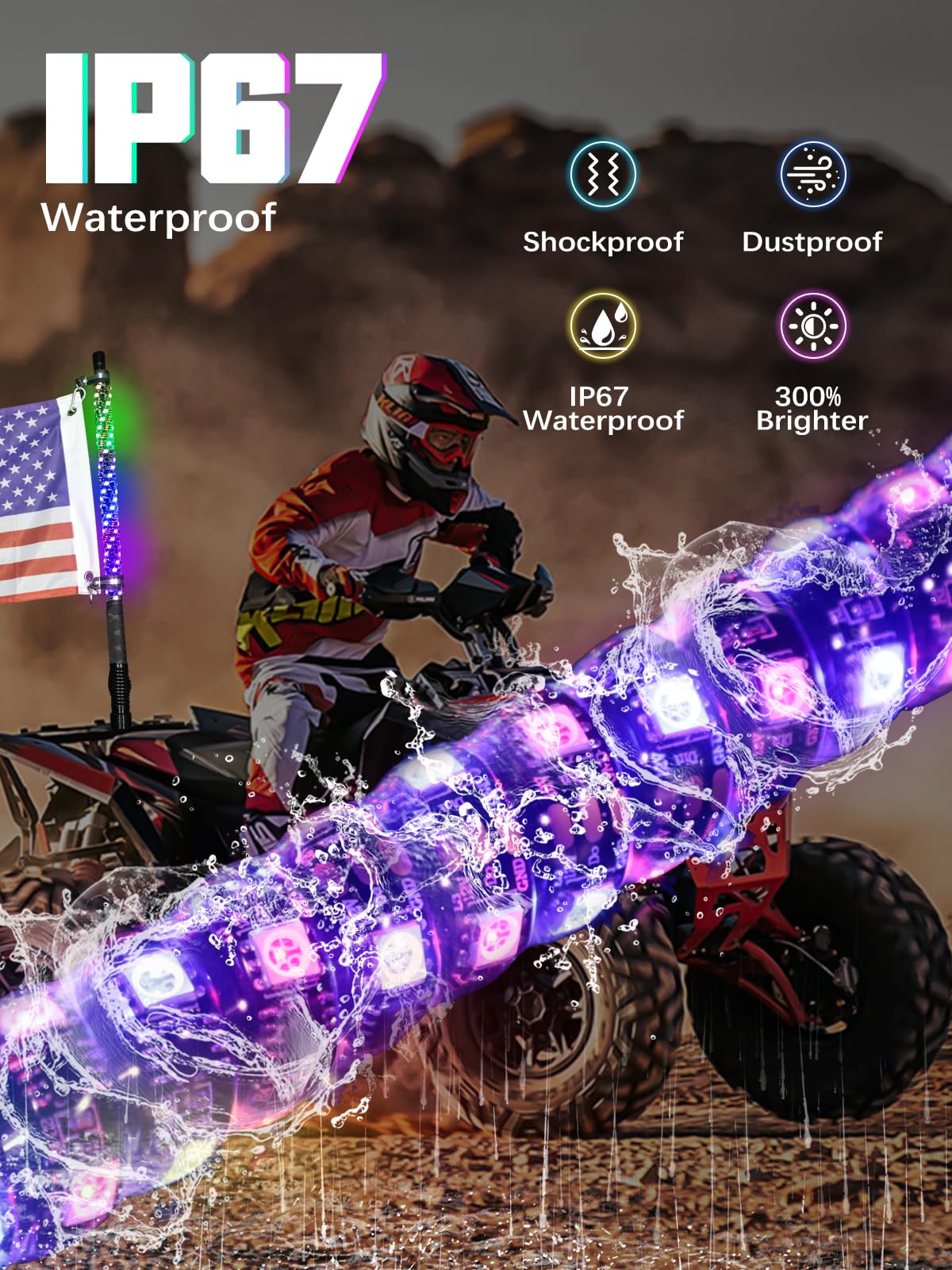 UNI-SHINE whips on off-road truck at night on beach, highlights visibility and music-sync effect