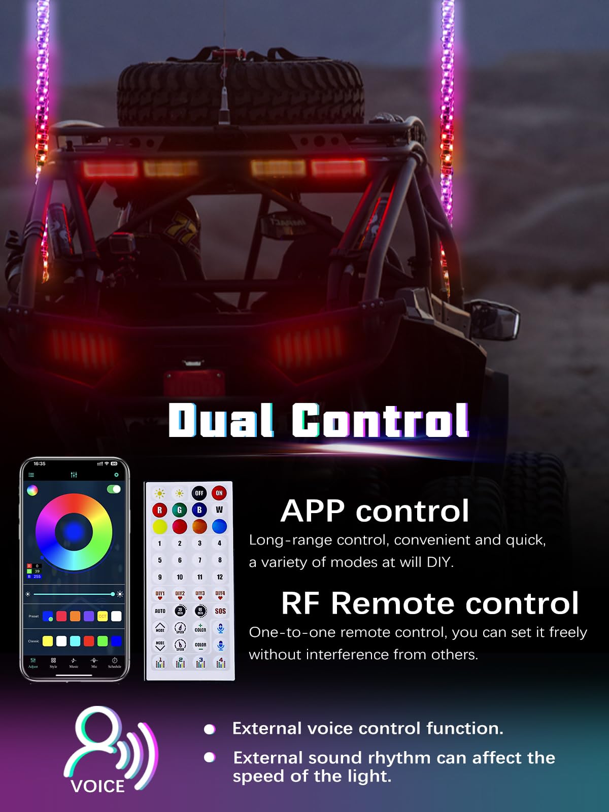 UNI-SHINE remote and app controls showing easy color and pattern customization