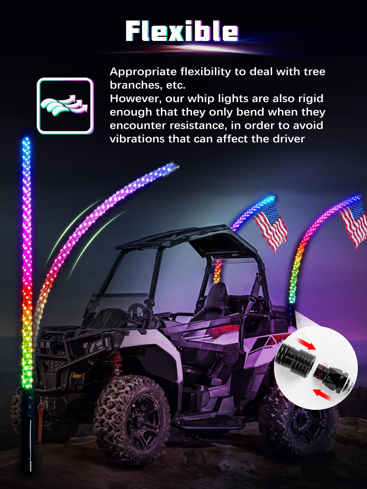 UNI-SHINE whips on UTV at night enhancing visibility and eye-catching style