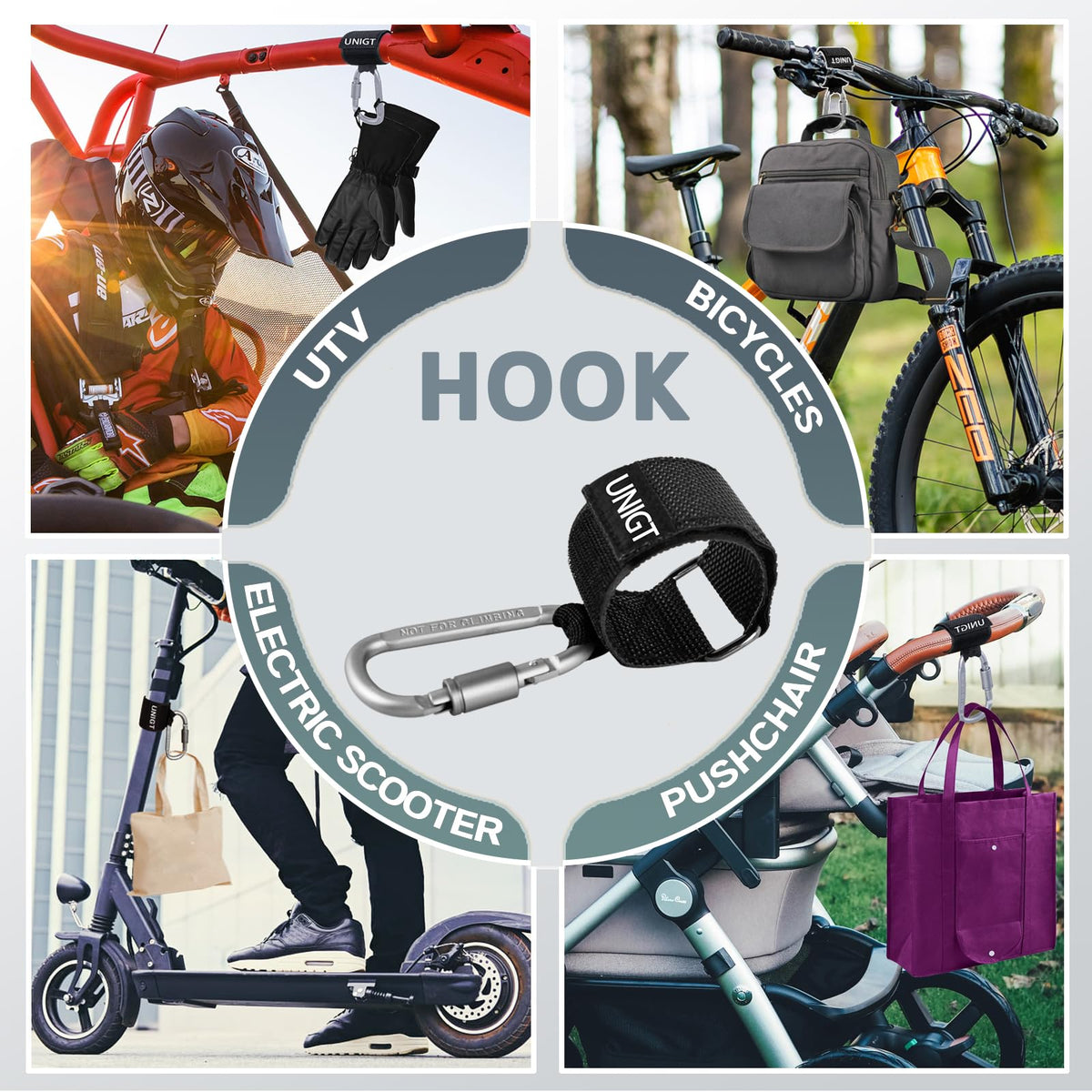 UNIGT screw‑gate D‑nut lock detail ensures one‑handed secure closure benefit