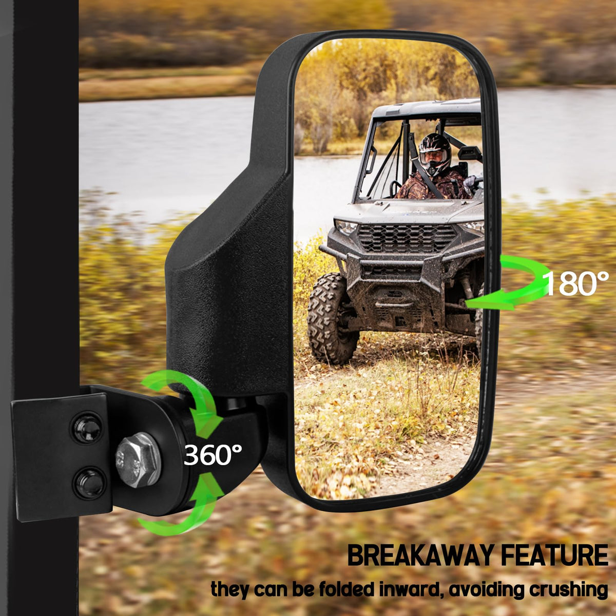 UNIGT mirror installed on Polaris Ranger passenger side showing adjustable positioning benefit