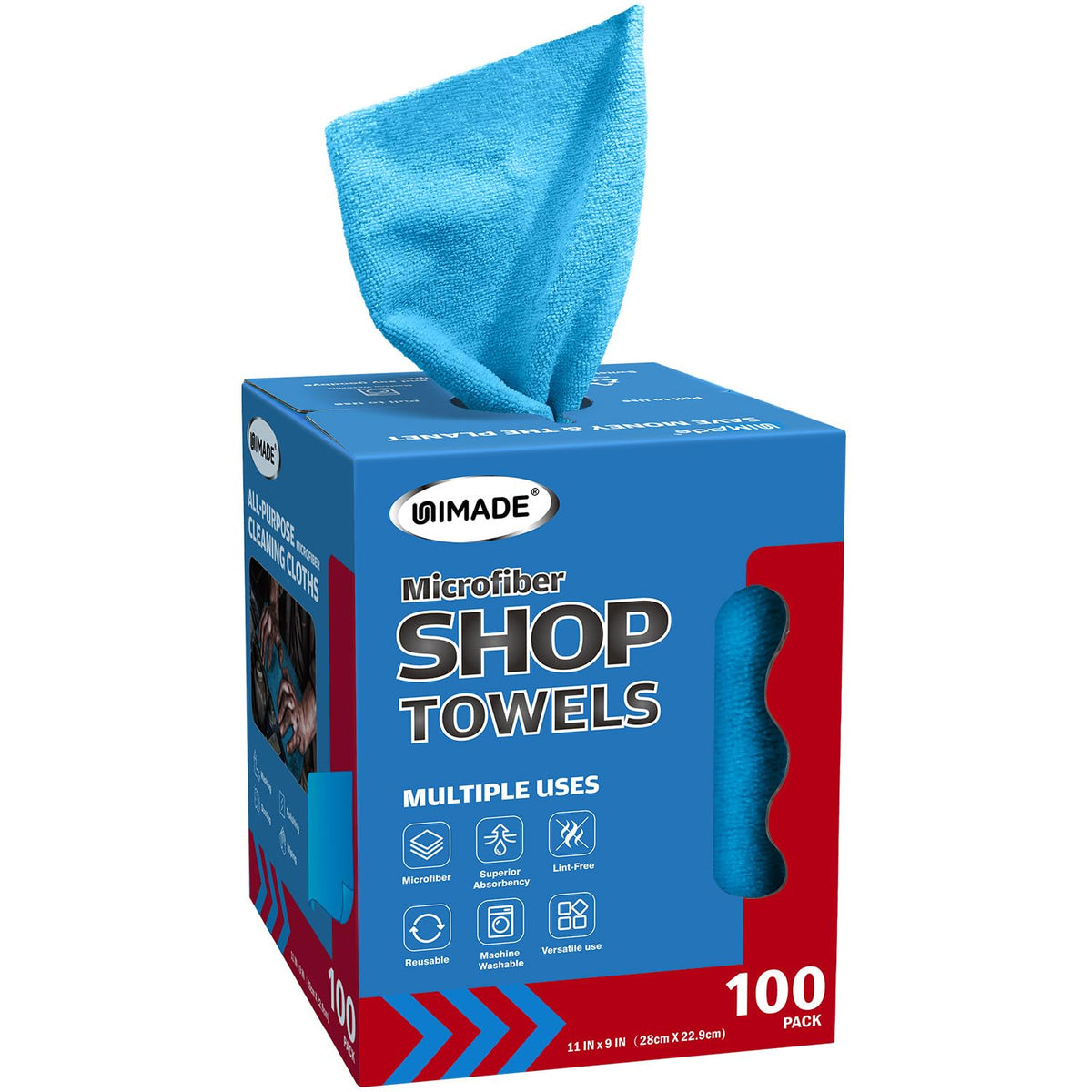 UNIMADE front packaging showing 100 microfiber sheets and roll design benefit