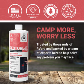 Unique Restore-It bottle beside an RV at a campsite showing worry-free camping benefit