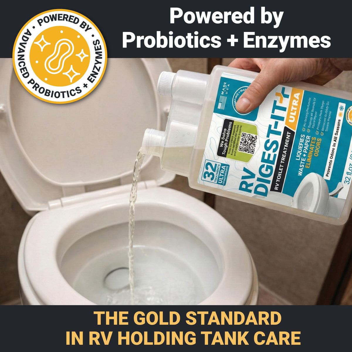 Unique being added to an RV toilet showing how it controls odors effectively