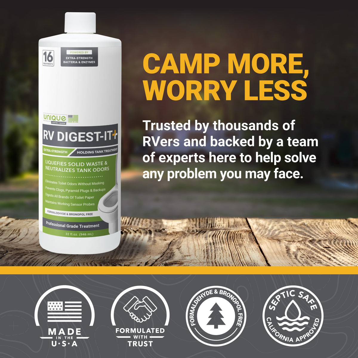 Unique brand bottle at campsite showing odor control and maintenance benefits