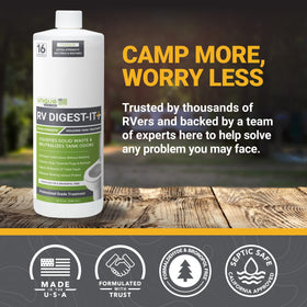 Unique brand bottle at campsite showing odor control and maintenance benefits