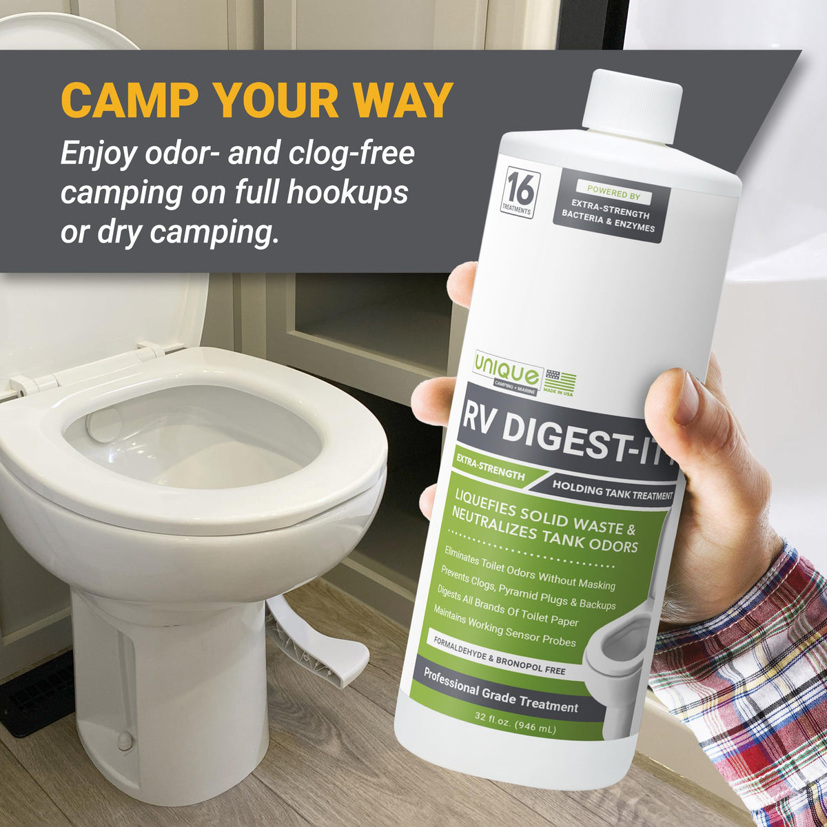 Unique brand bottle next to RV toilet showing compatibility and prevention benefits
