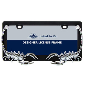 United Pacific frame next to a ruler showing 6x12 fit for standard license plates