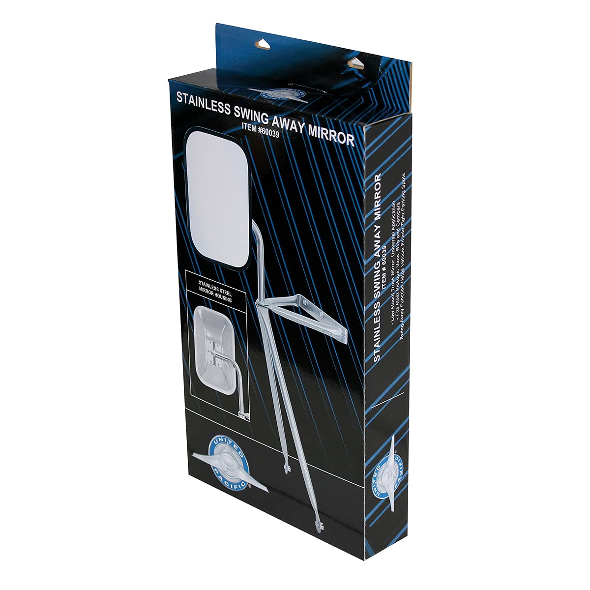 United Pacific mirror extended in use on truck, increases lane and towing visibility