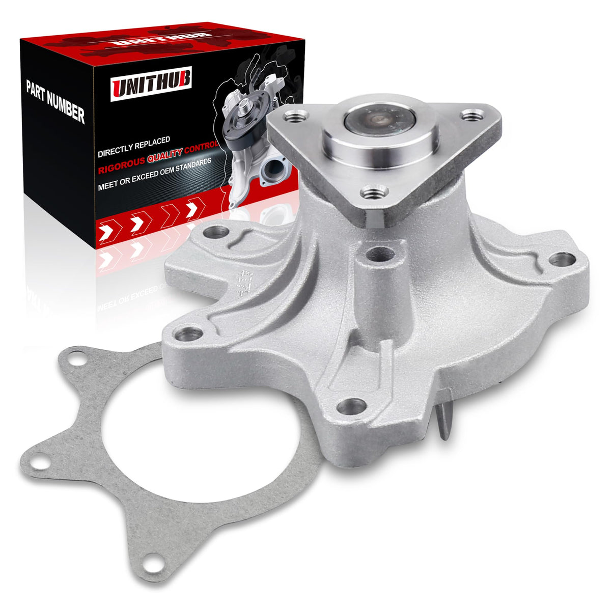 UNITHUB water pump front assembly showing mounting points and fitment advantage
