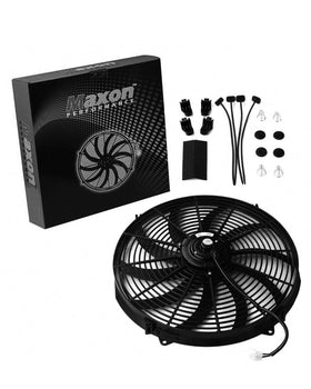 universal-slim-fan installed in shop garage on vehicle, universal-slim-fan ready for road use