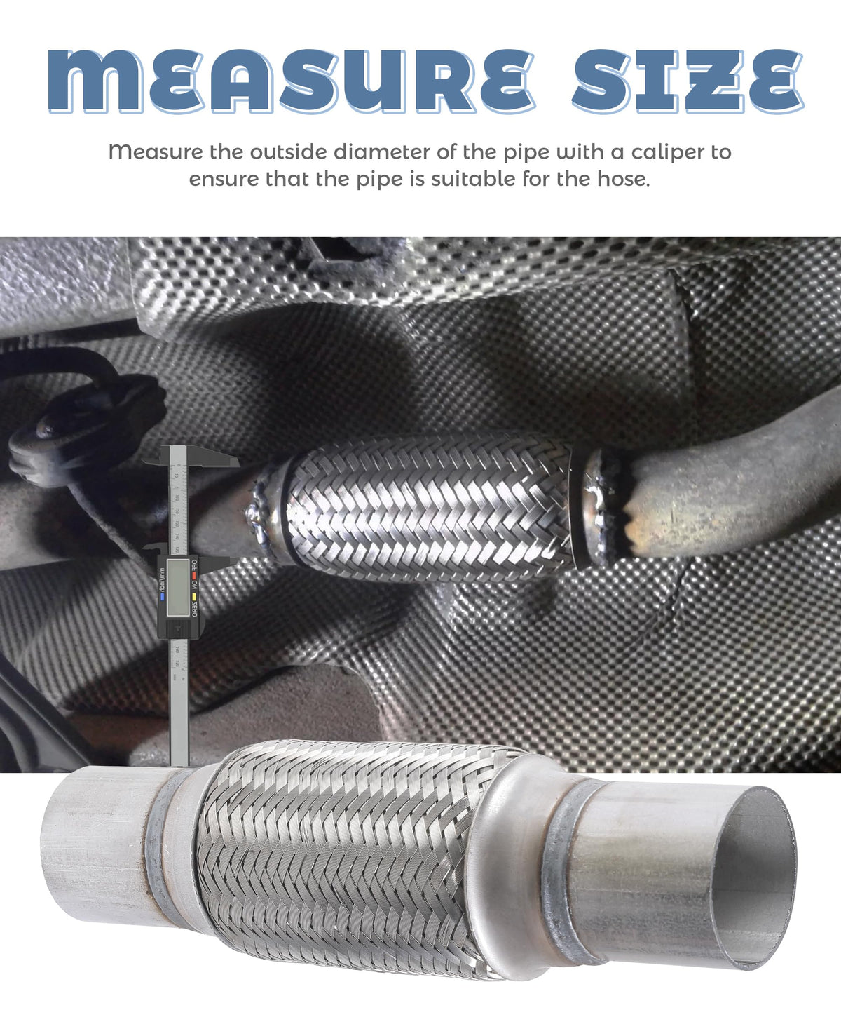 UNLRAE flex pipe next to ruler demonstrating 2.25 inch diameter and cut-to-fit length