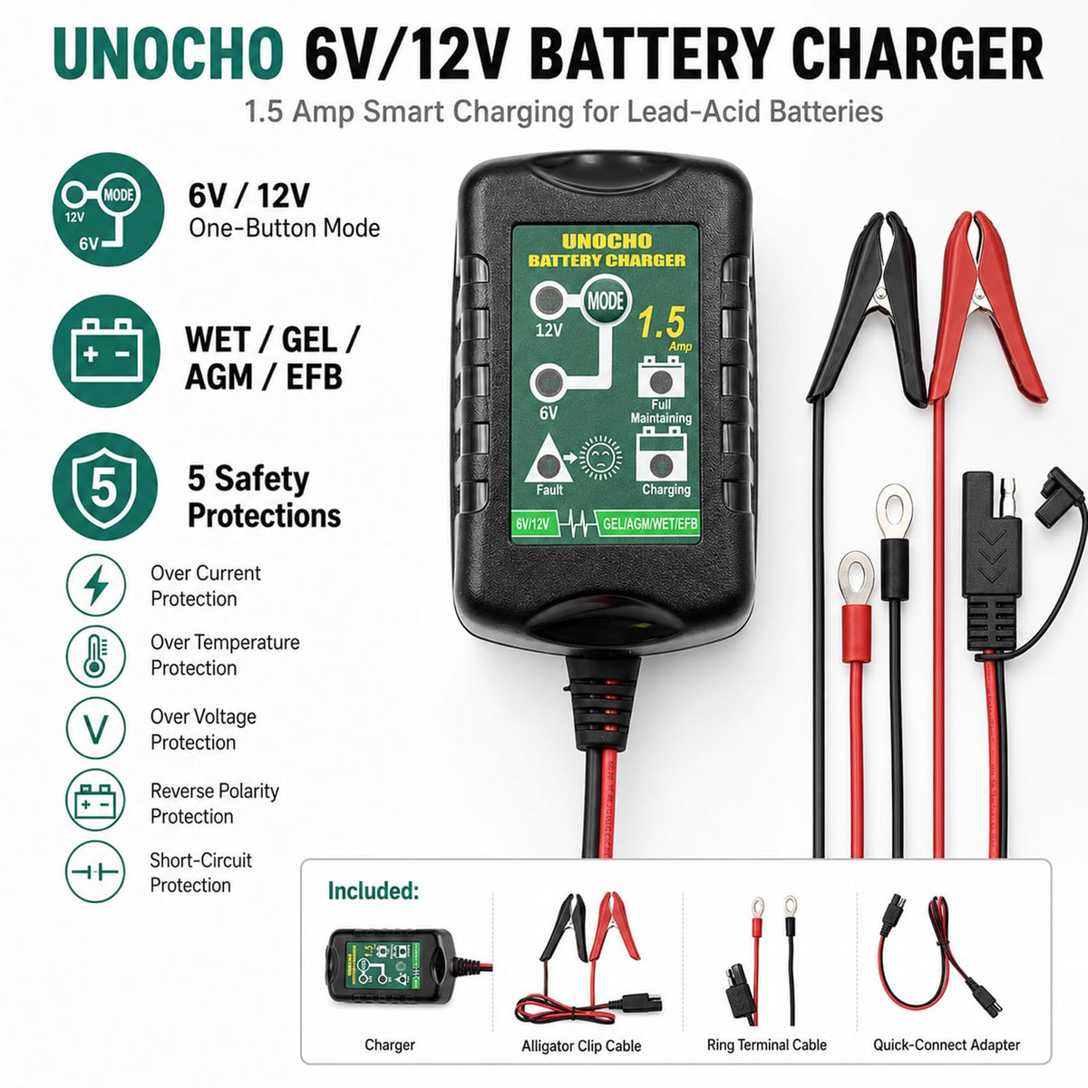 Unocho detachable alligator clips and ring terminals displayed for flexible vehicle connections