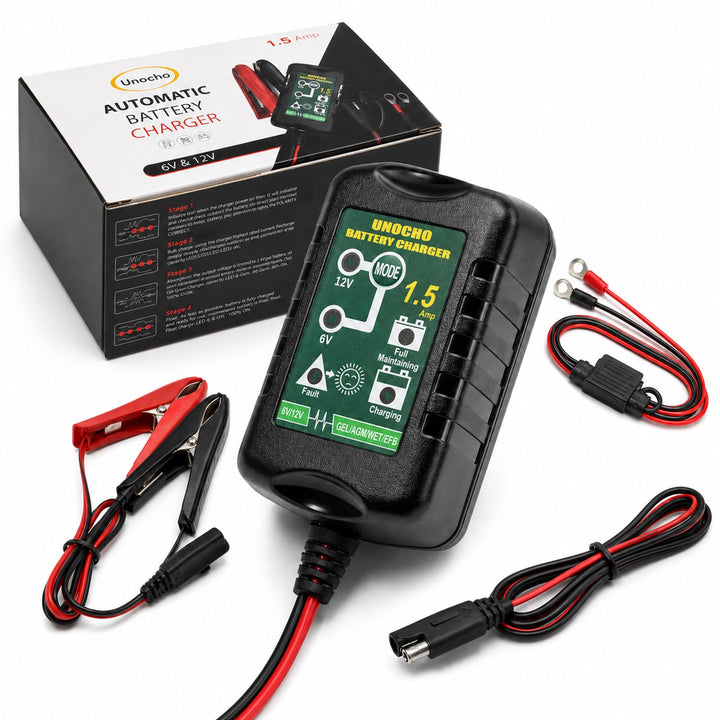 Unocho charger front view showing controls and branding for quick identification and safe charging
