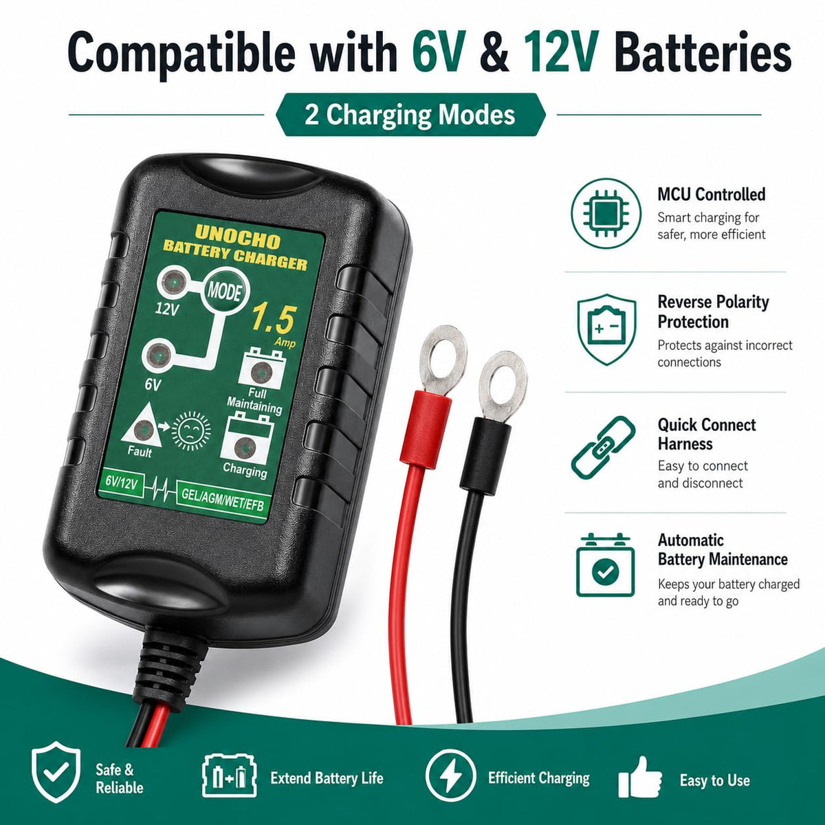 Unocho LED indicator lights showing charge, full and maintenance states for easy monitoring