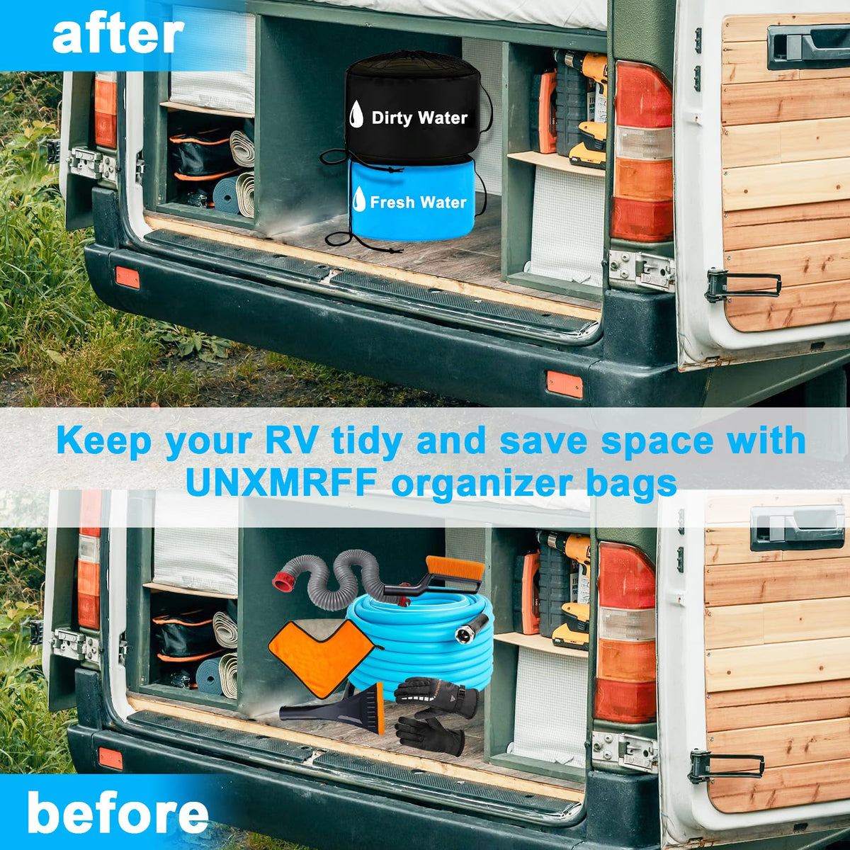 UNXMRFF bag hanging on an RV bay hook providing space-saving storage benefit