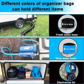 UNXMRFF bag in use holding a coiled sewer hose for tidy transport benefit