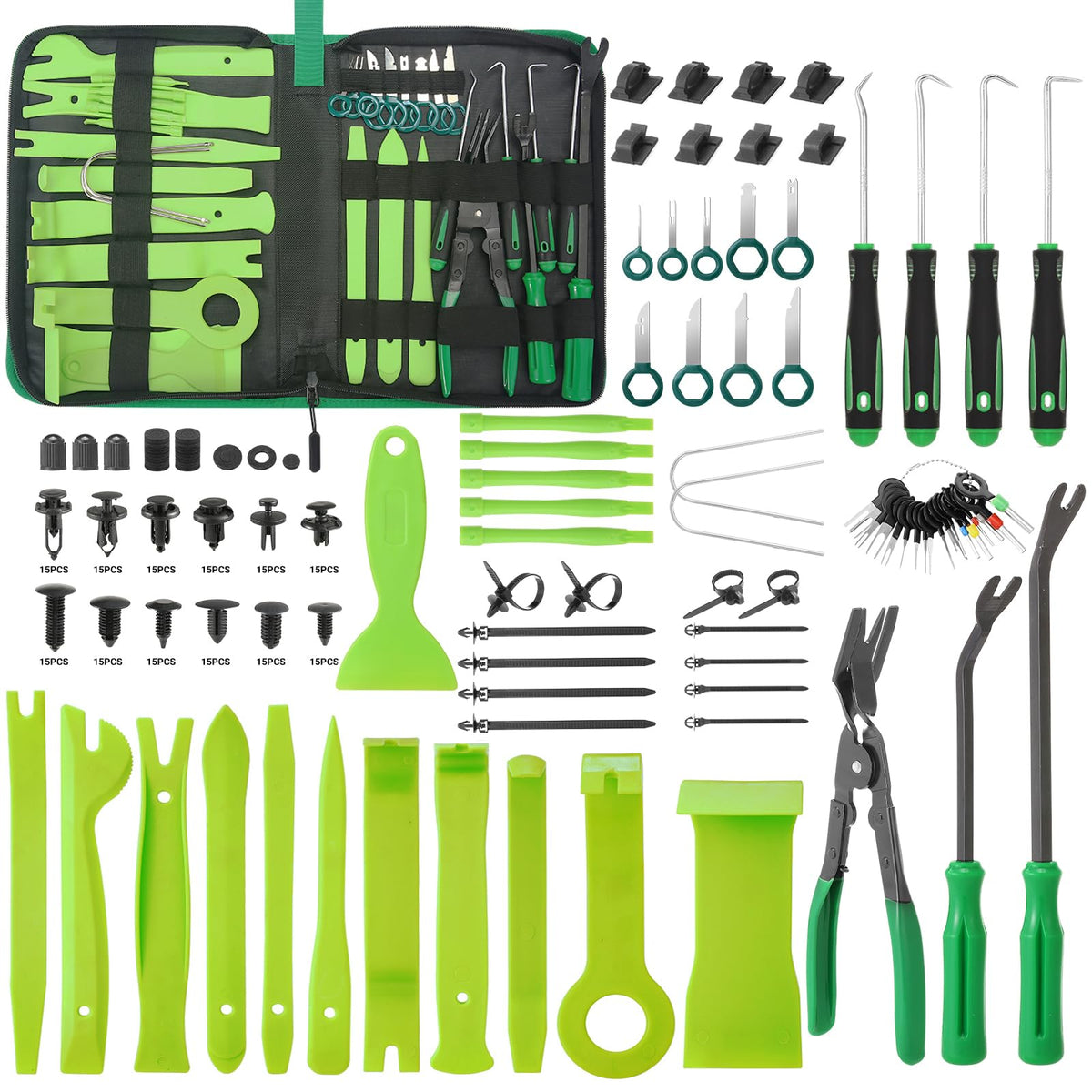 Uolor kit front view showing tools and clips for fast organized repairs