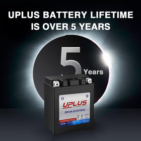 UPLUS battery top terminal close-up highlighting [+ -] terminals for easy installation and correct polarity