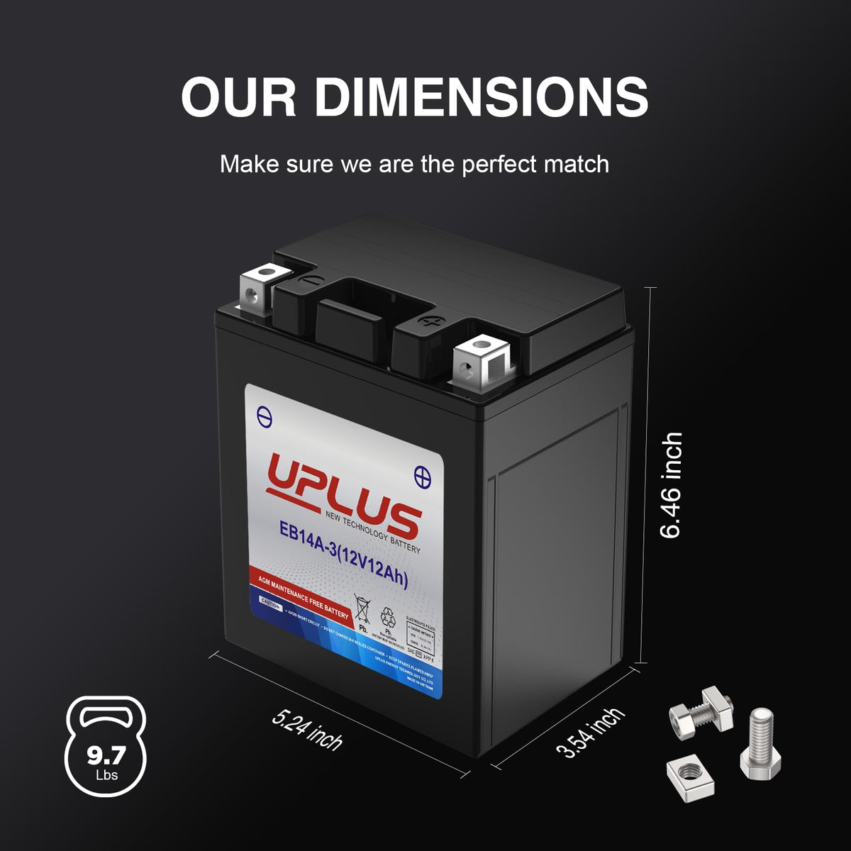 UPLUS battery next to a ruler showing 5.24 x 3.54 x 6.46 inch size for fit verification benefit