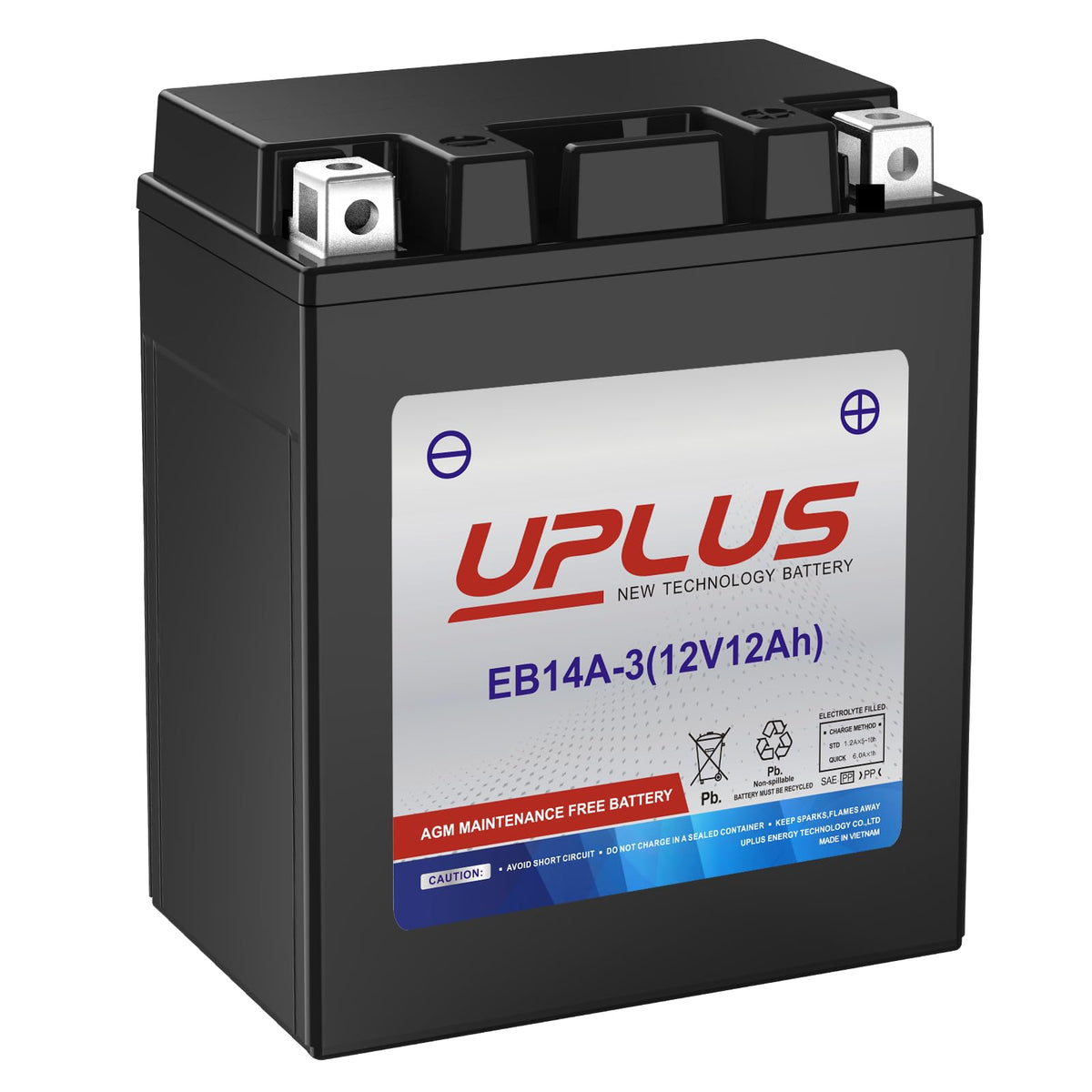UPLUS YTX14AHL-BS front view showing compact sealed case and terminals, clear identification benefit