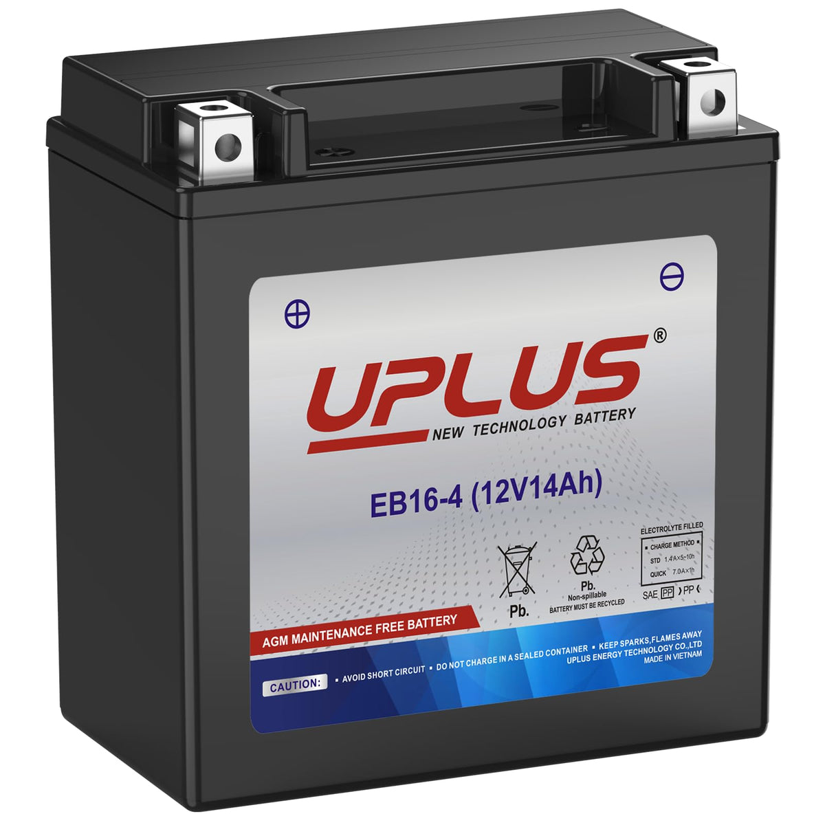 UPLUS YTX16-BS front view showing compact sealed AGM design and fit