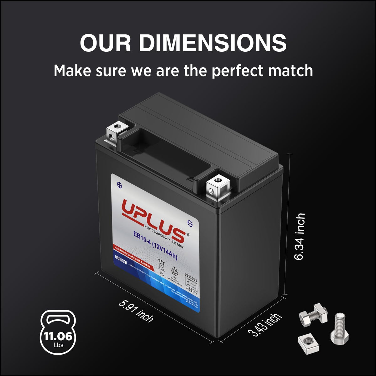 UPLUS YTX16-BS top terminals close-up showing [+ -] orientation for easy install