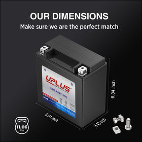UPLUS YTX16-BS top terminals close-up showing [+ -] orientation for easy install