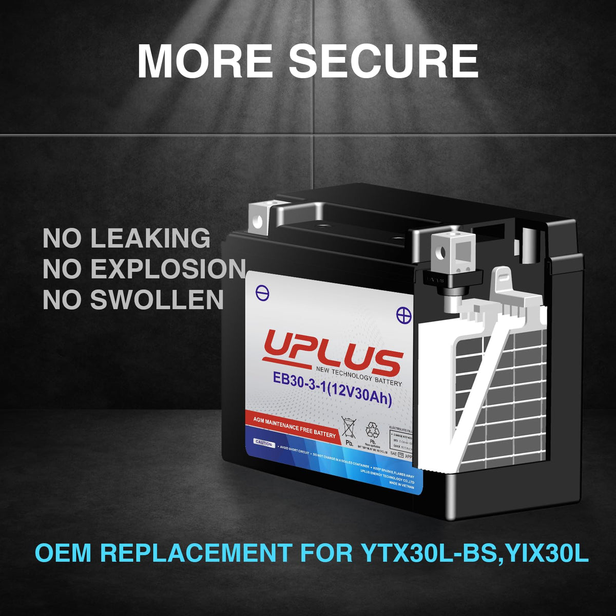 UPLUS battery label close-up highlighting 12V 30Ah 400CCA specifications