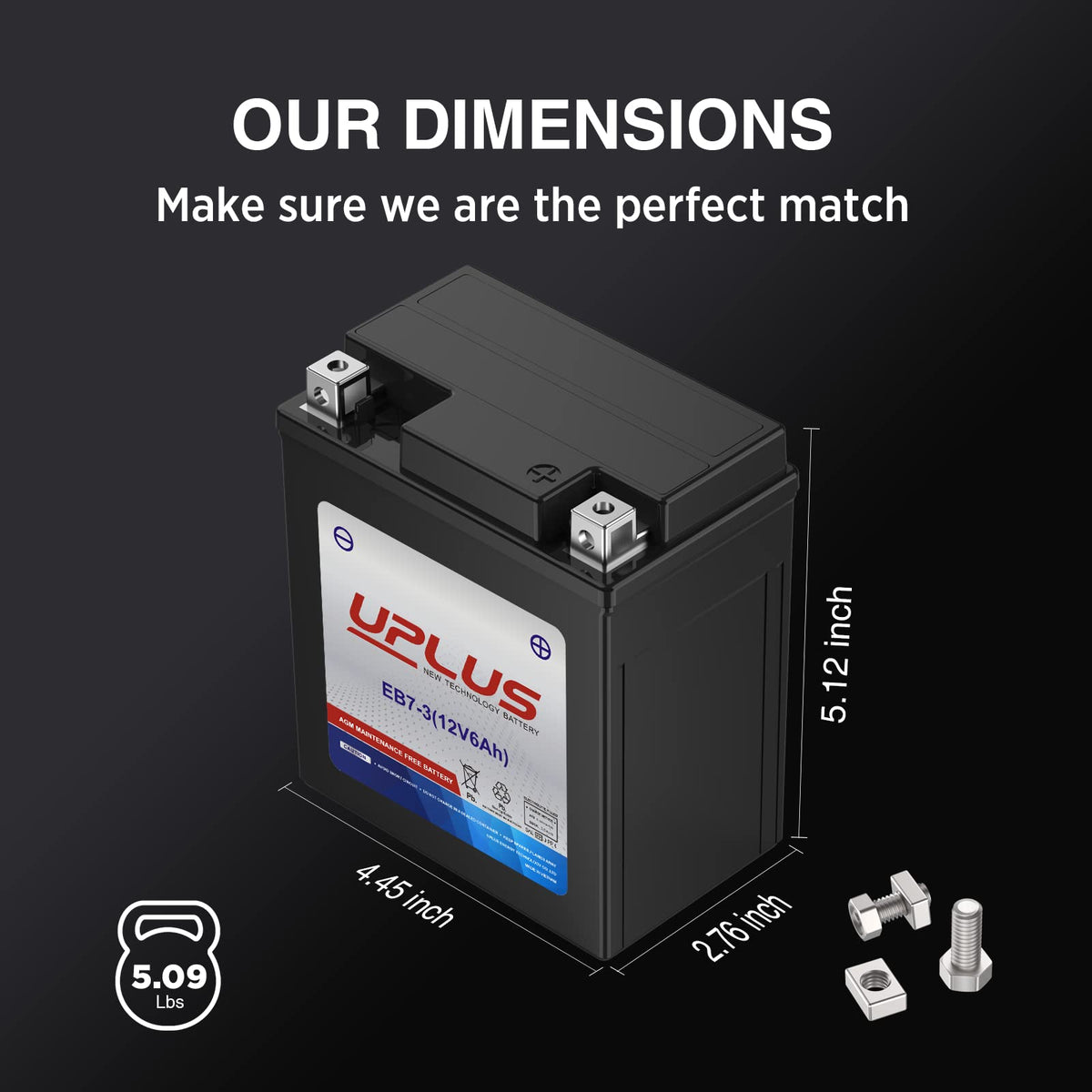 UPLUS YTX7L-BS side view with dimensions to confirm fit in tight battery trays